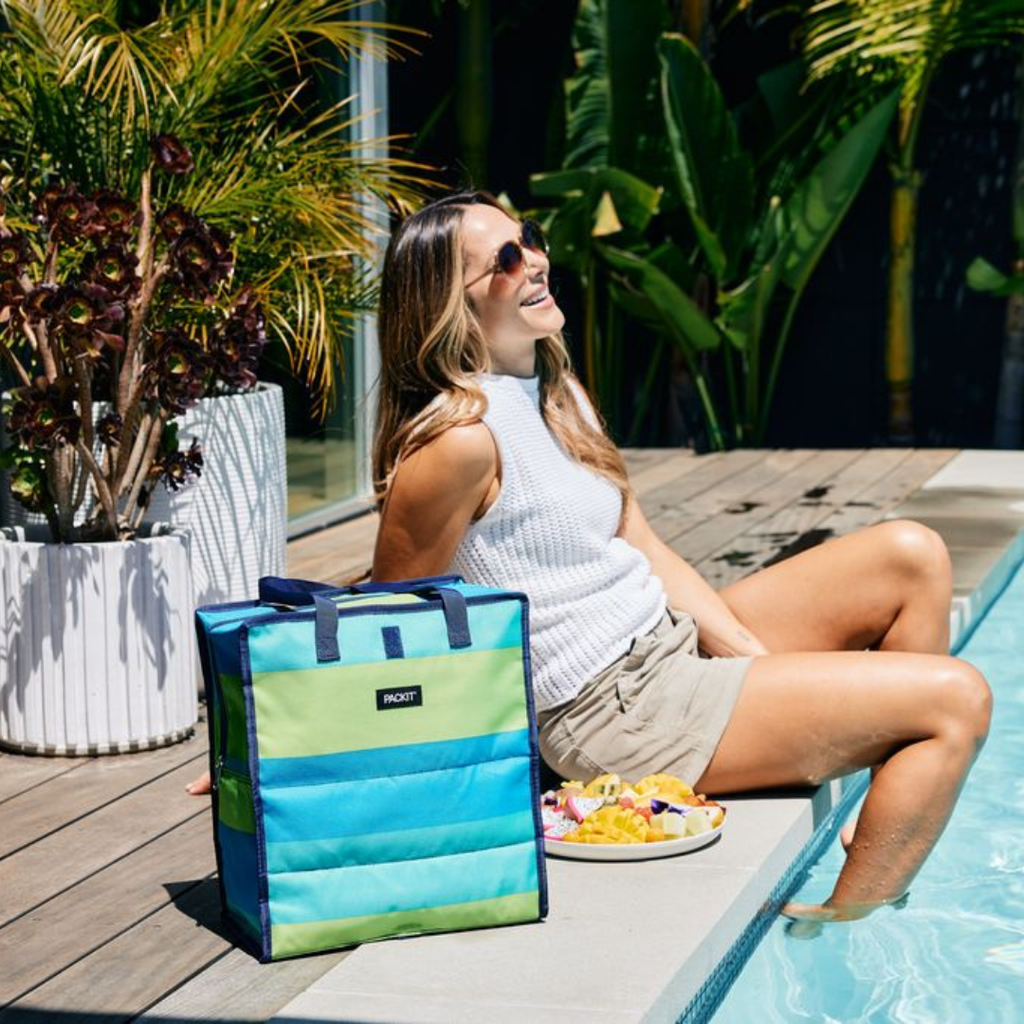 PackIt Freezable Grocery Tote Bag Fresh Stripes Blue